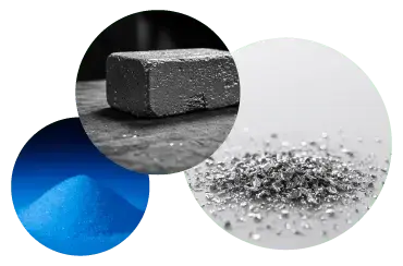 a white block, a blue block, and a mound of white powder against a neutral backdrop.