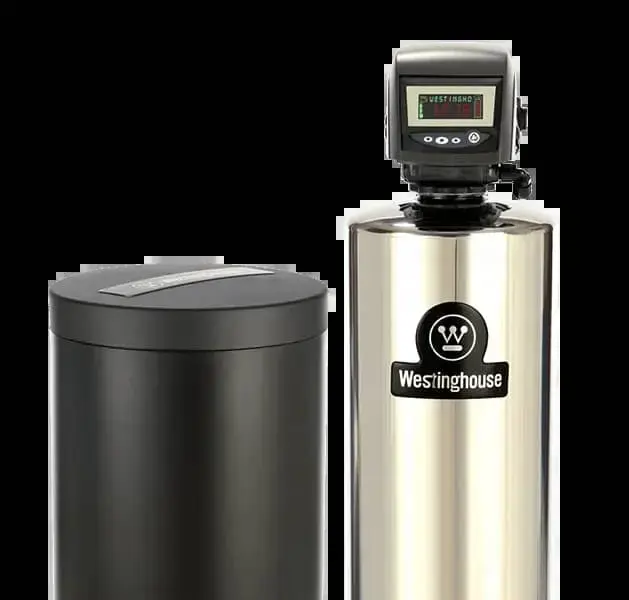 Black water softener unit with a cylindrical tank and lid